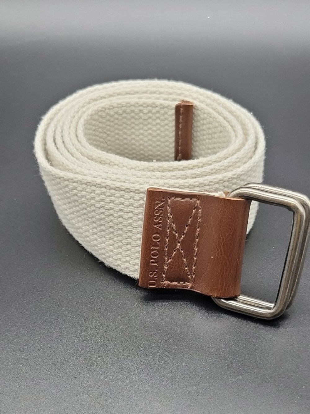 U.S. Polo Assn. Men's White/Brown Webbed Belt Adjustable Logo Metal Buckle 36